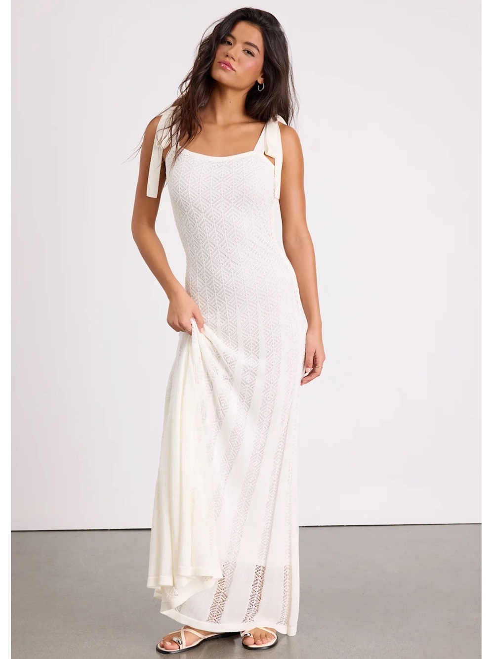 Lulus Fawn White Crochet Tie-Strap Maxi Dress Event Boho Beach NWT Small